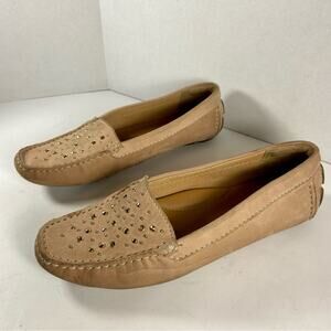 CLARKS women penny loafers 9 riveted studded tan suede slip on comfort office